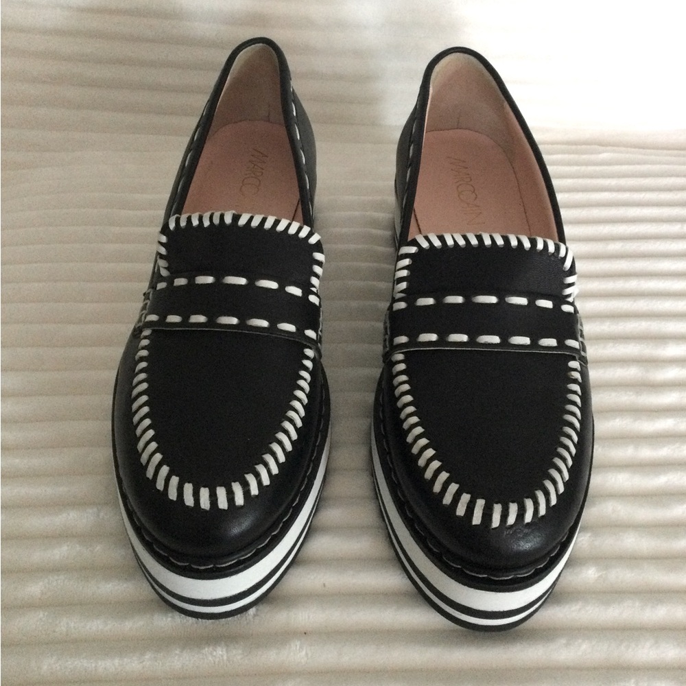 Marc Cain Black Leather Platform Loafers with White Stitching